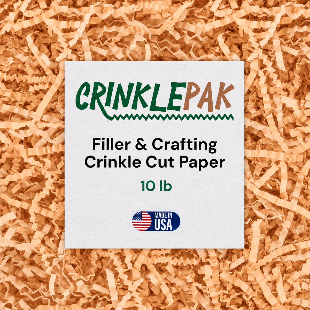 10lb Peach Crinkle Paper in soft peach color with crinkle cut texture, featuring a white label and Made in USA logo