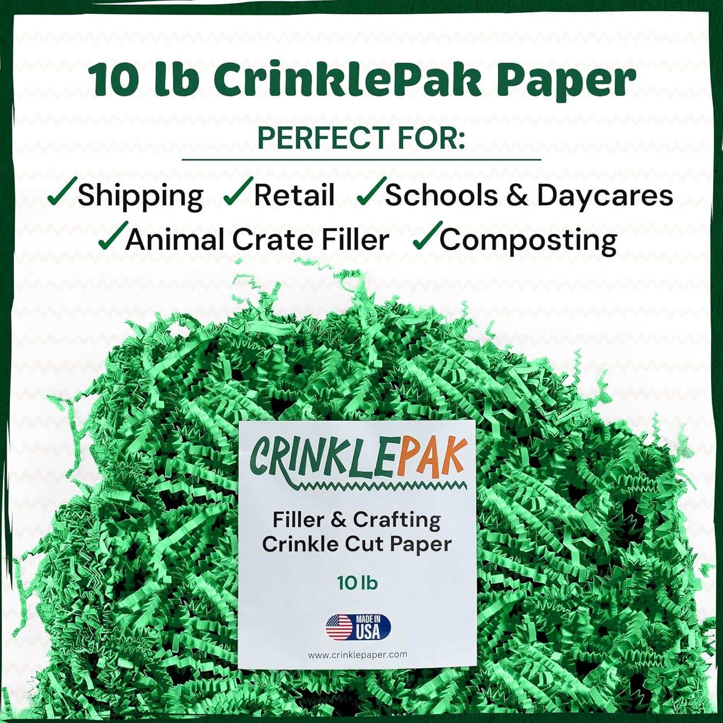 10 lb bag of green crinkle paper shred for shipping, retail, crafting, and packaging filler