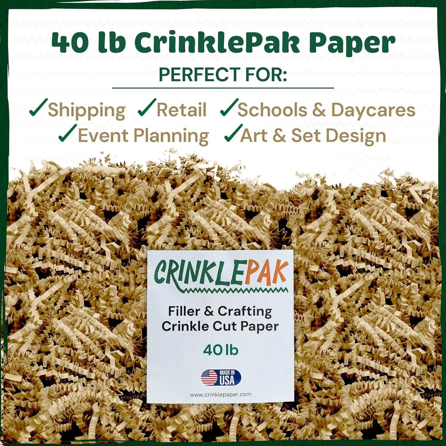 40 lb ivory crinkle cut paper filler for shipping, retail, event planning, and crafting, made in USA