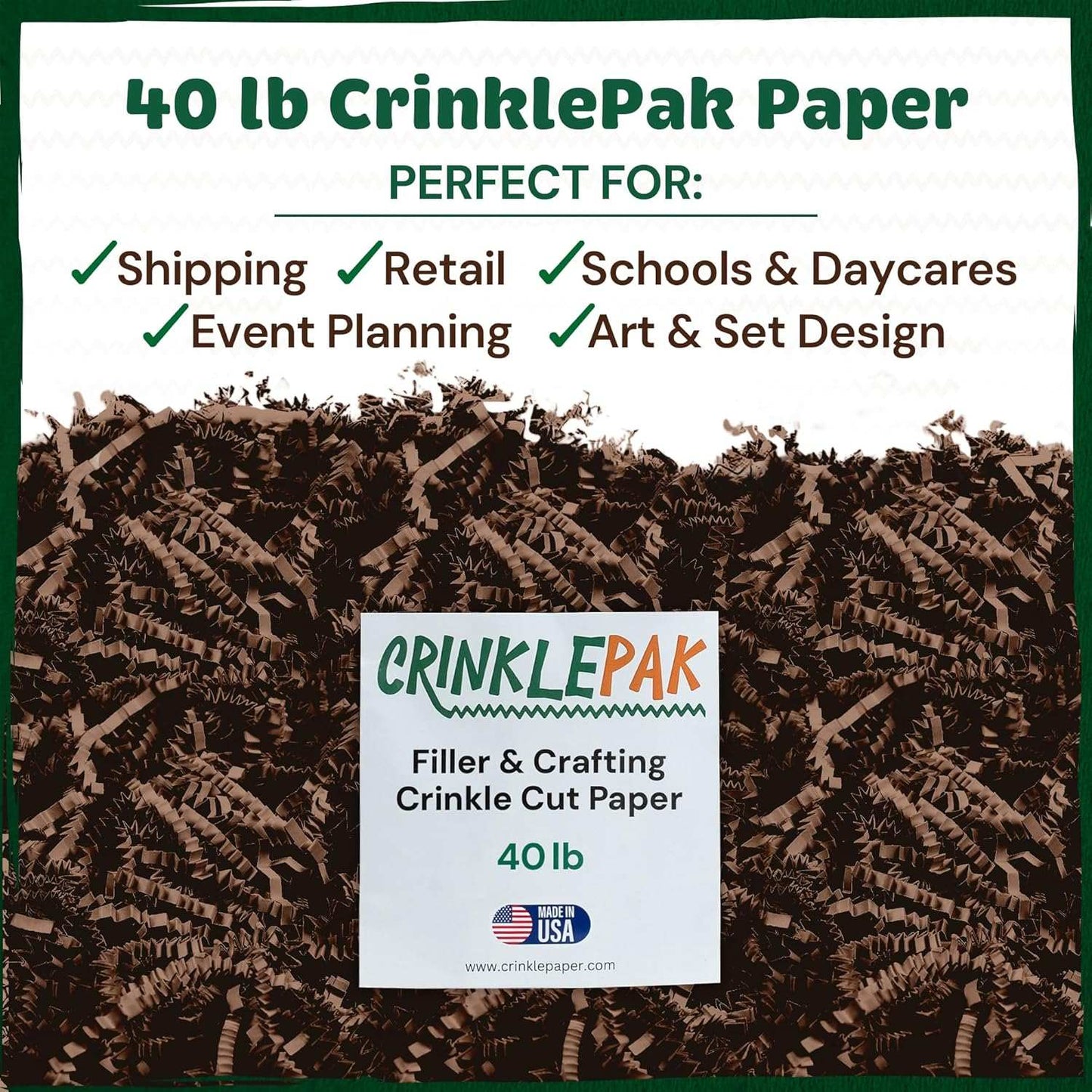 40 lb Chocolate Crinkle Cut Shred packaging filler and crafting paper for shipping, retail, event planning, and art design