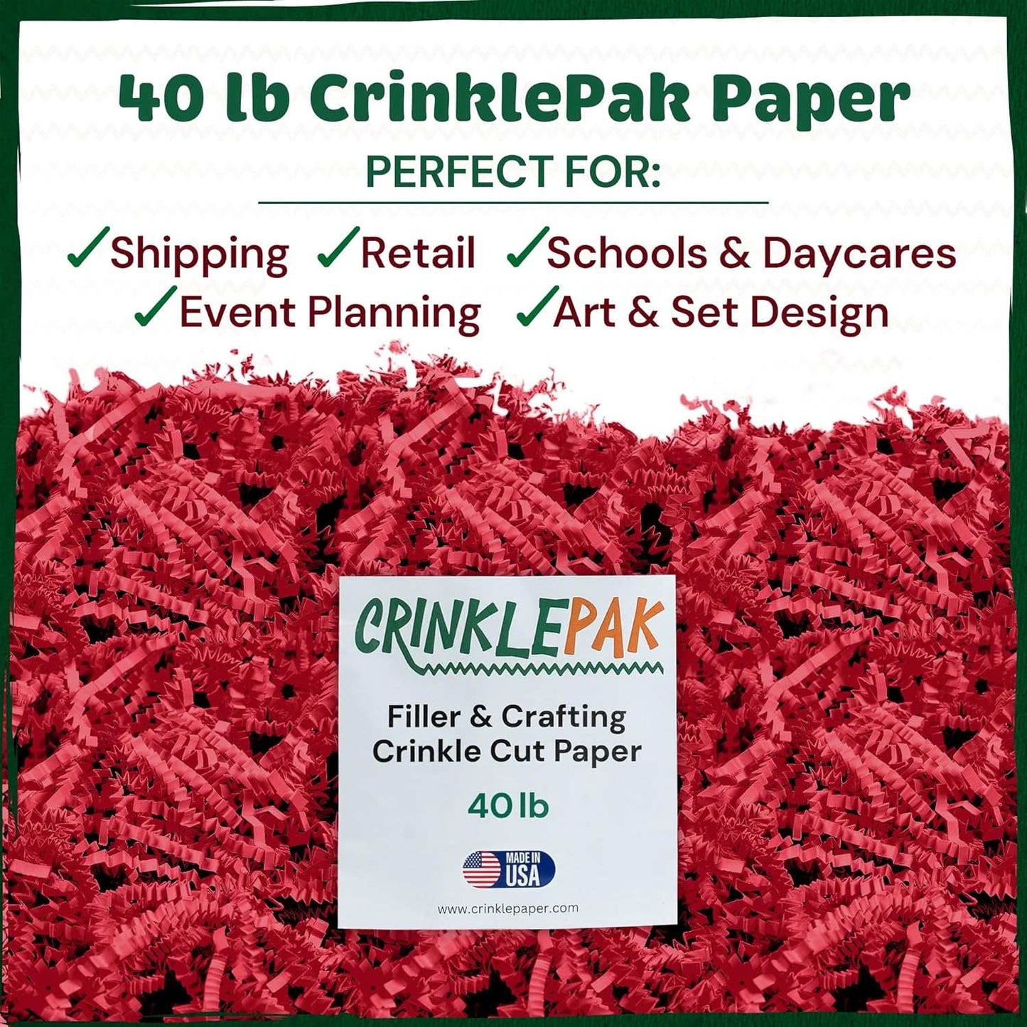40 lb pack of red crinkle cut shred paper for packaging, crafting, and gift filling