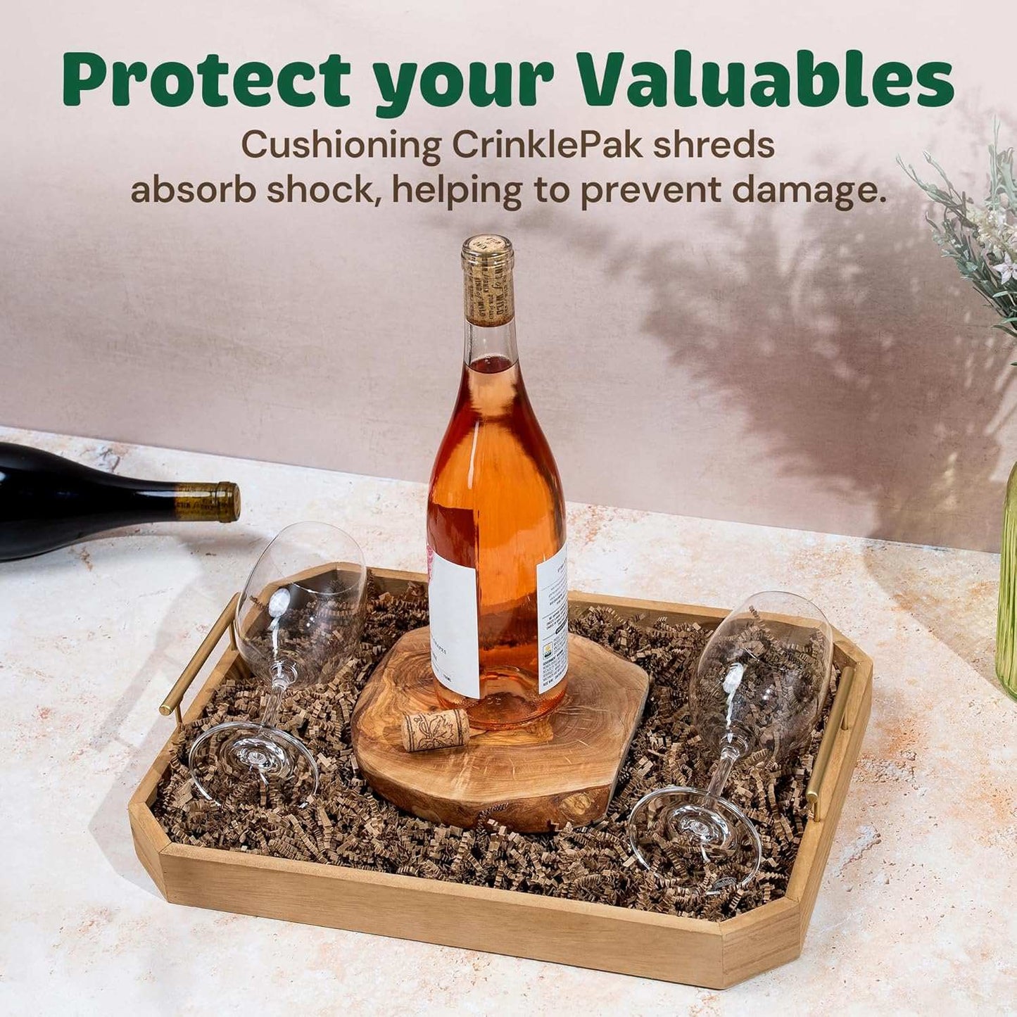 40 LB Kraft Crinkle Paper Filler cushioning wine bottle and glasses in wooden tray for eco-friendly packaging protection