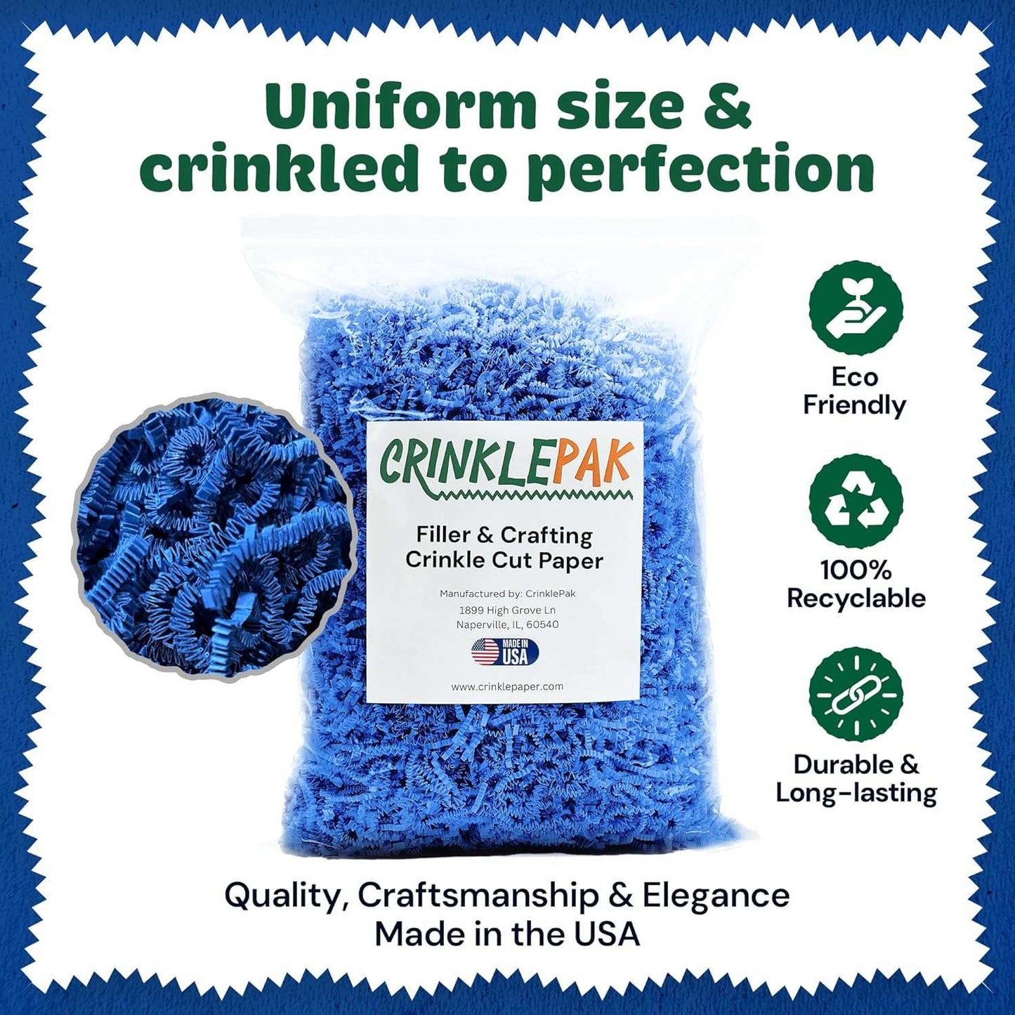 Blue 40 LB crinkle paper filler, eco-friendly and recyclable, packaged for crafting and gift wrapping, made in the USA