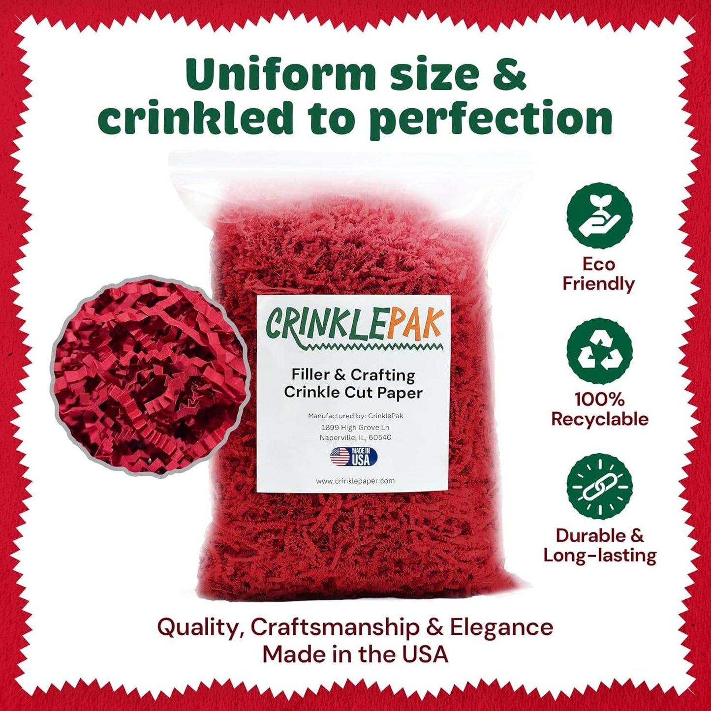 40 lb bag of red crinkle cut shred paper filler for packaging and crafting, eco-friendly and recyclable