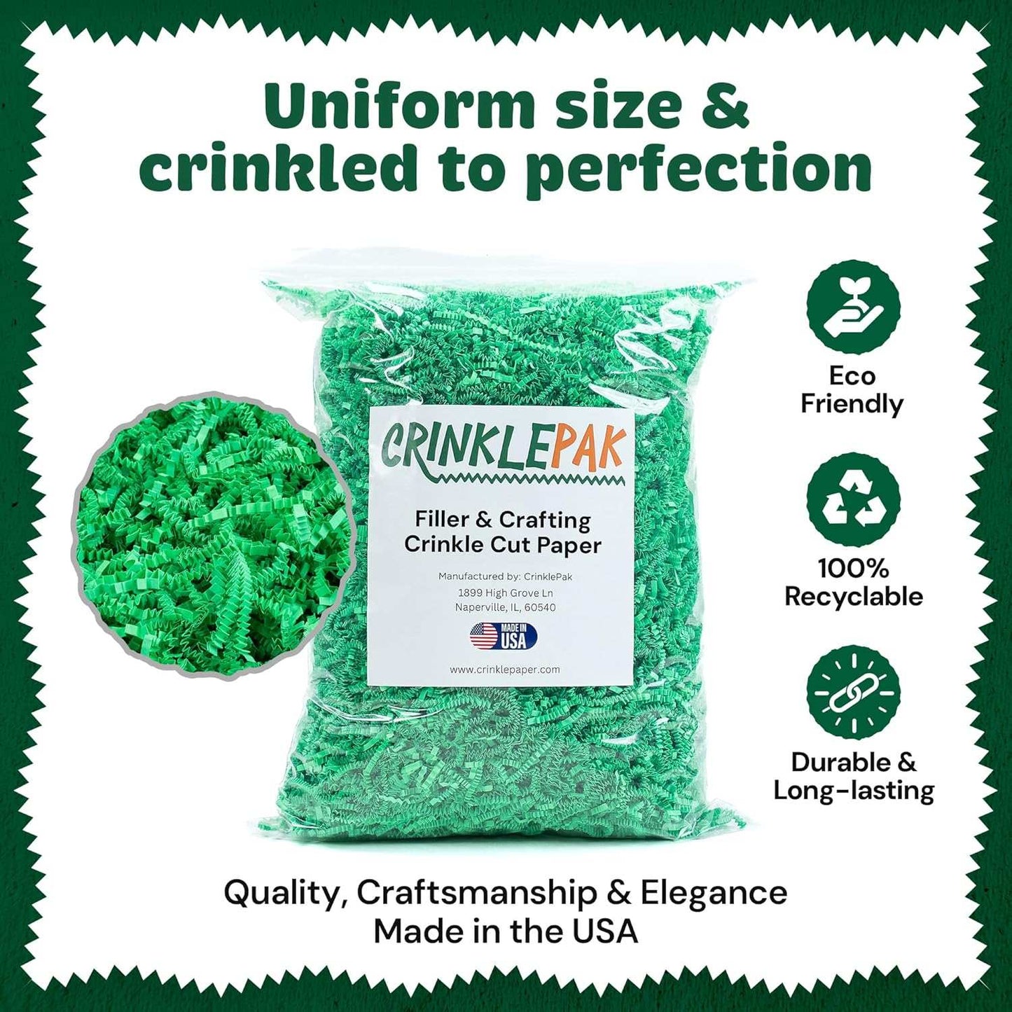 10 lb bag of eco-friendly green crinkle paper shred, durable and recyclable filler for packaging and crafting