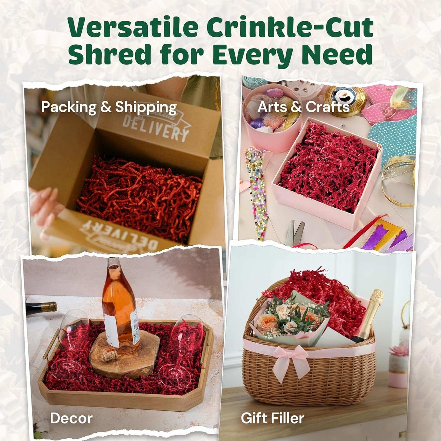 Red Crinkle Cut Shred used for packing, arts and crafts, decor, and gift filler in various containers and boxes
