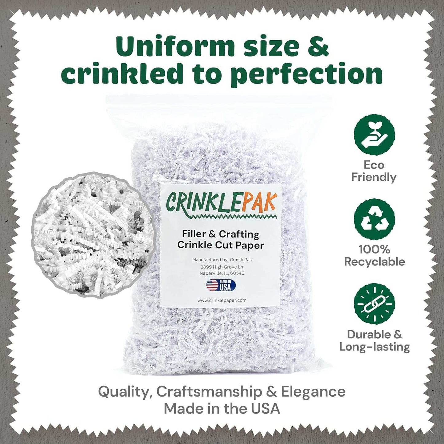 10 lb bag of white crinkle paper shred for packaging and crafting, eco-friendly, recyclable, durable, made in the USA