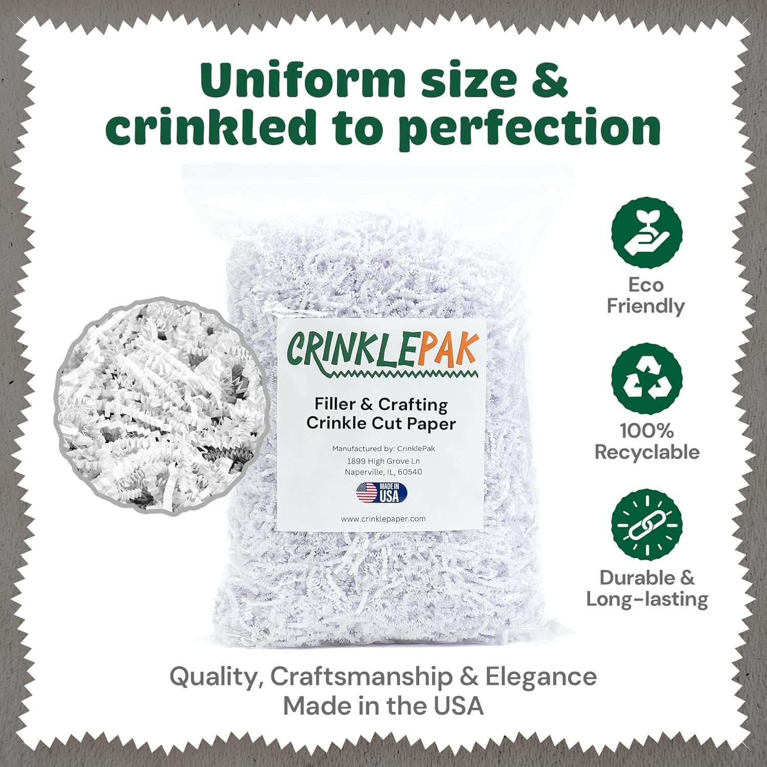 10 lb bag of white crinkle paper shred for packaging and crafting, eco-friendly, recyclable, durable, made in the USA