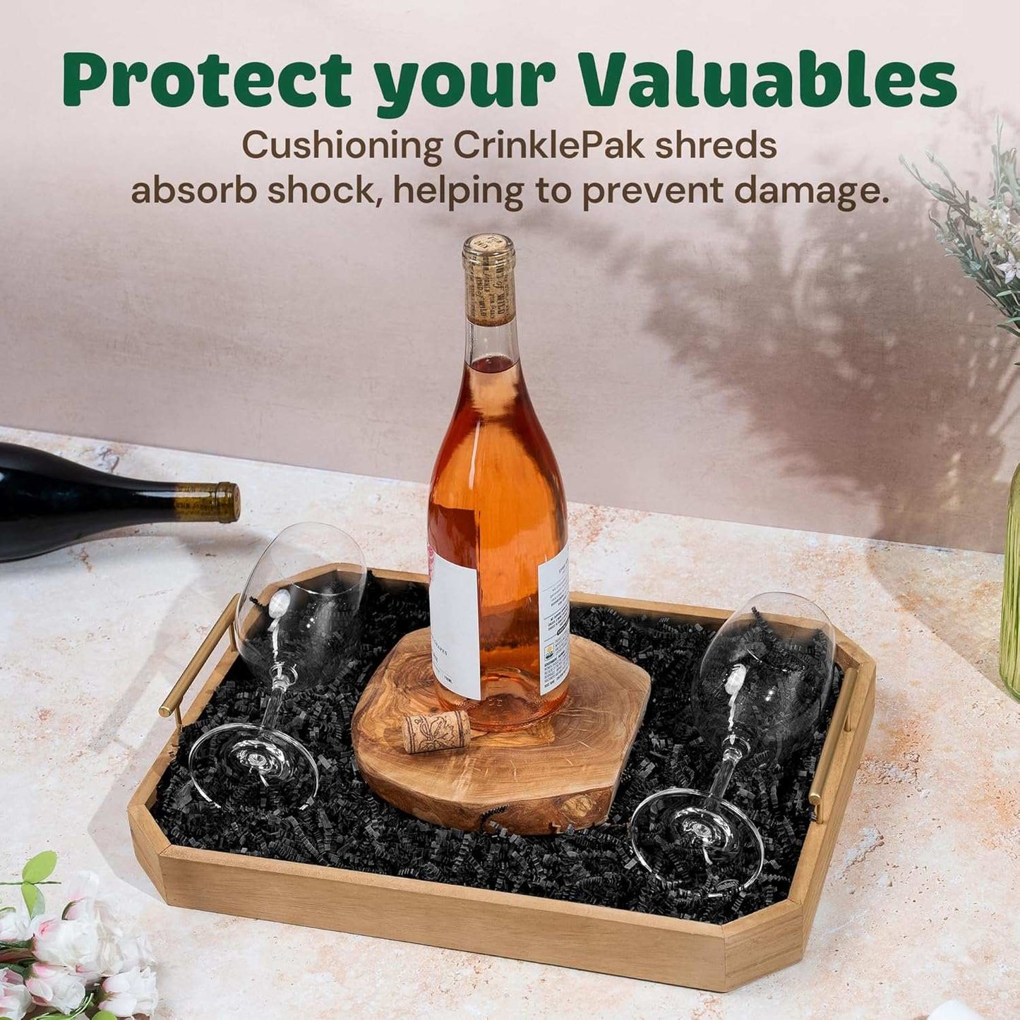 10 LB Black crinkle cut shred cushioning wine bottle and glasses in wooden tray packaging