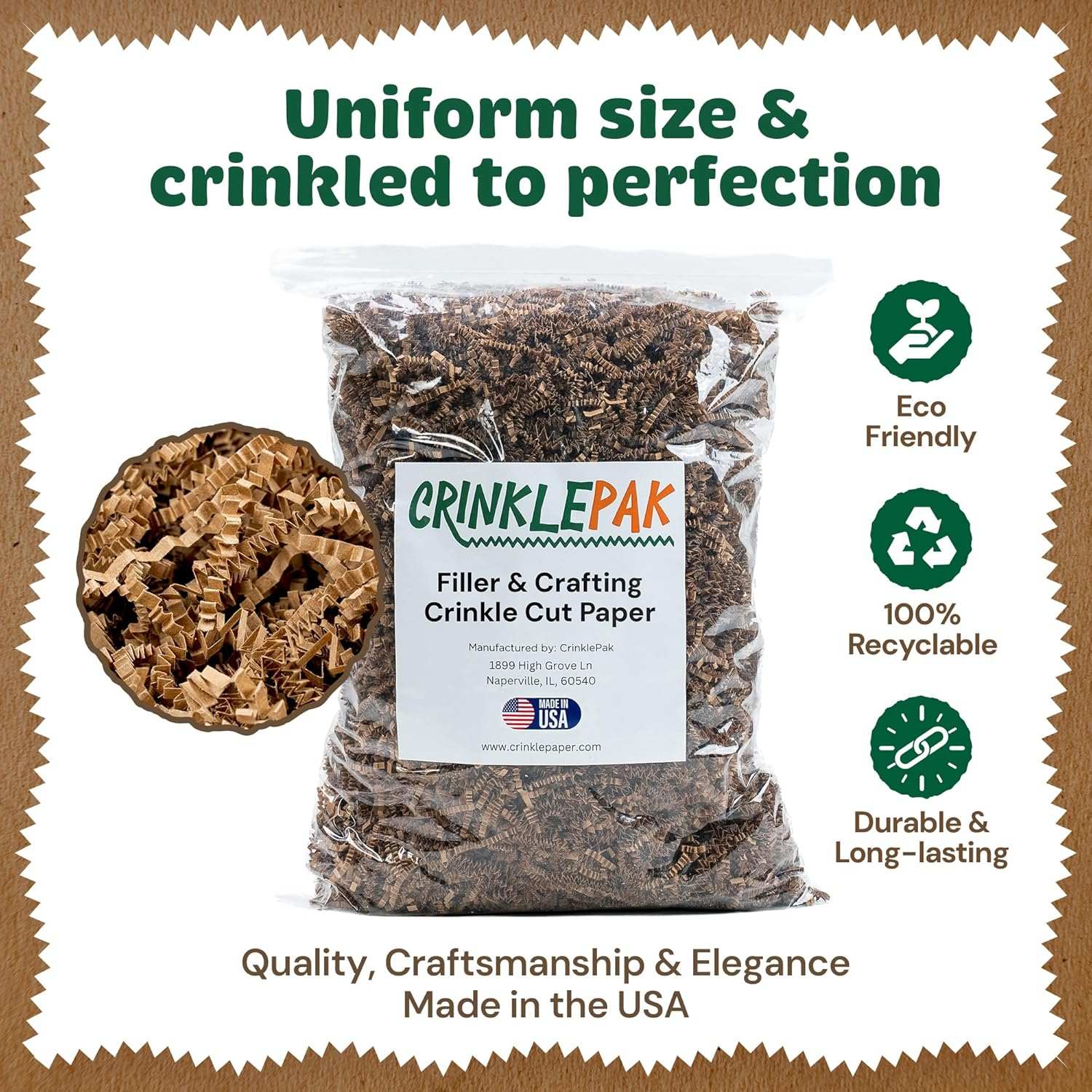 40 LB Kraft Crinkle Paper Filler in clear bag with eco-friendly, recyclable, durable kraft brown packaging material.