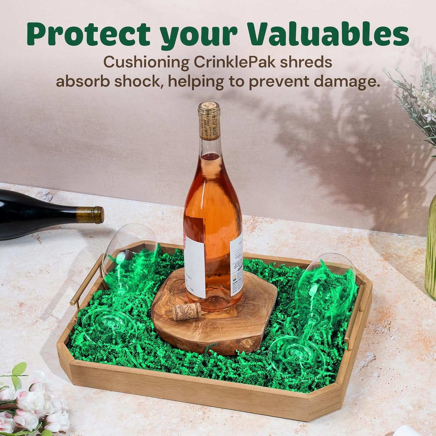 10 lb green crinkle paper shred cushioning wine bottle and glasses in wooden tray for protective packaging