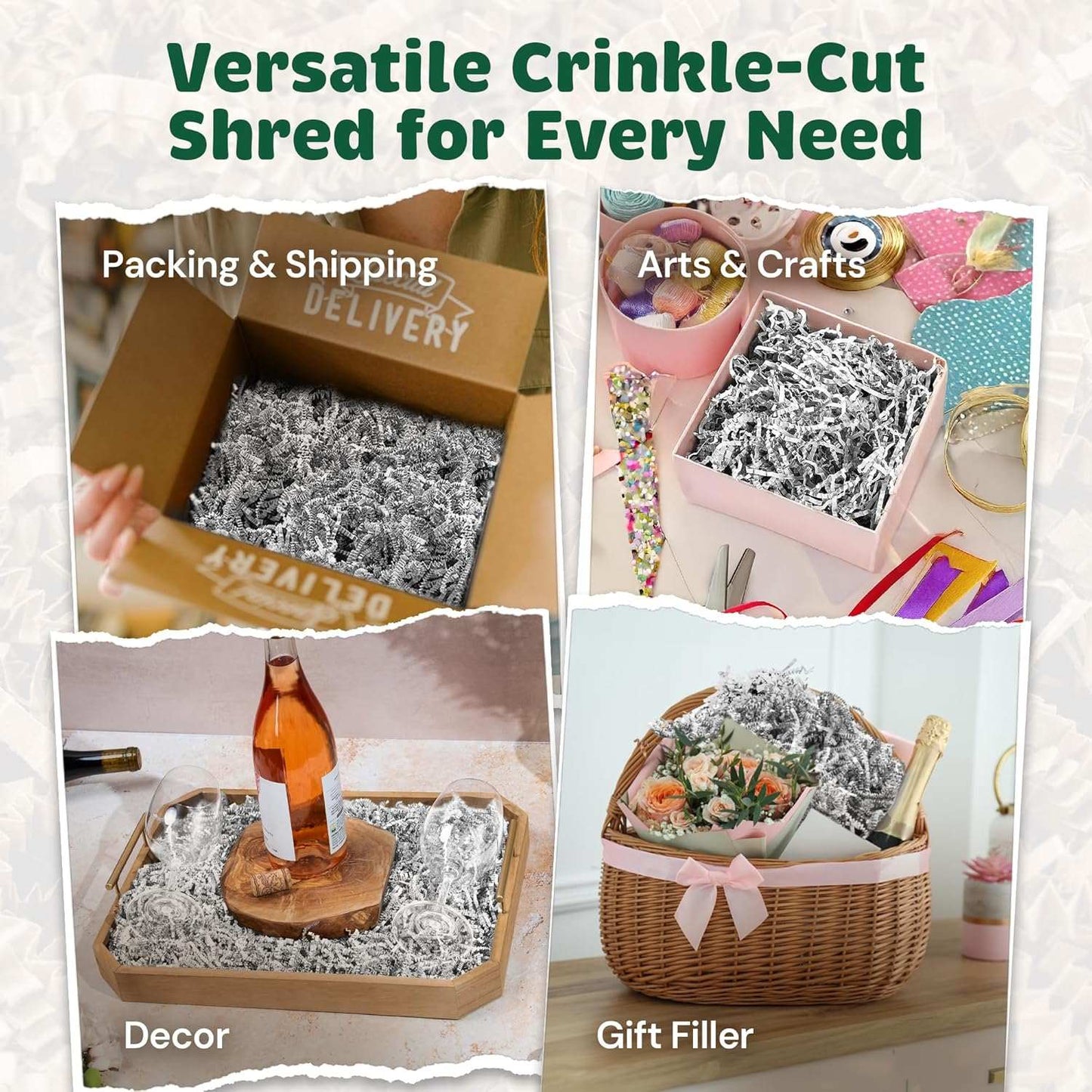 White crinkle paper shred used for packing, arts and crafts, decor, and gift filler in various boxes and baskets