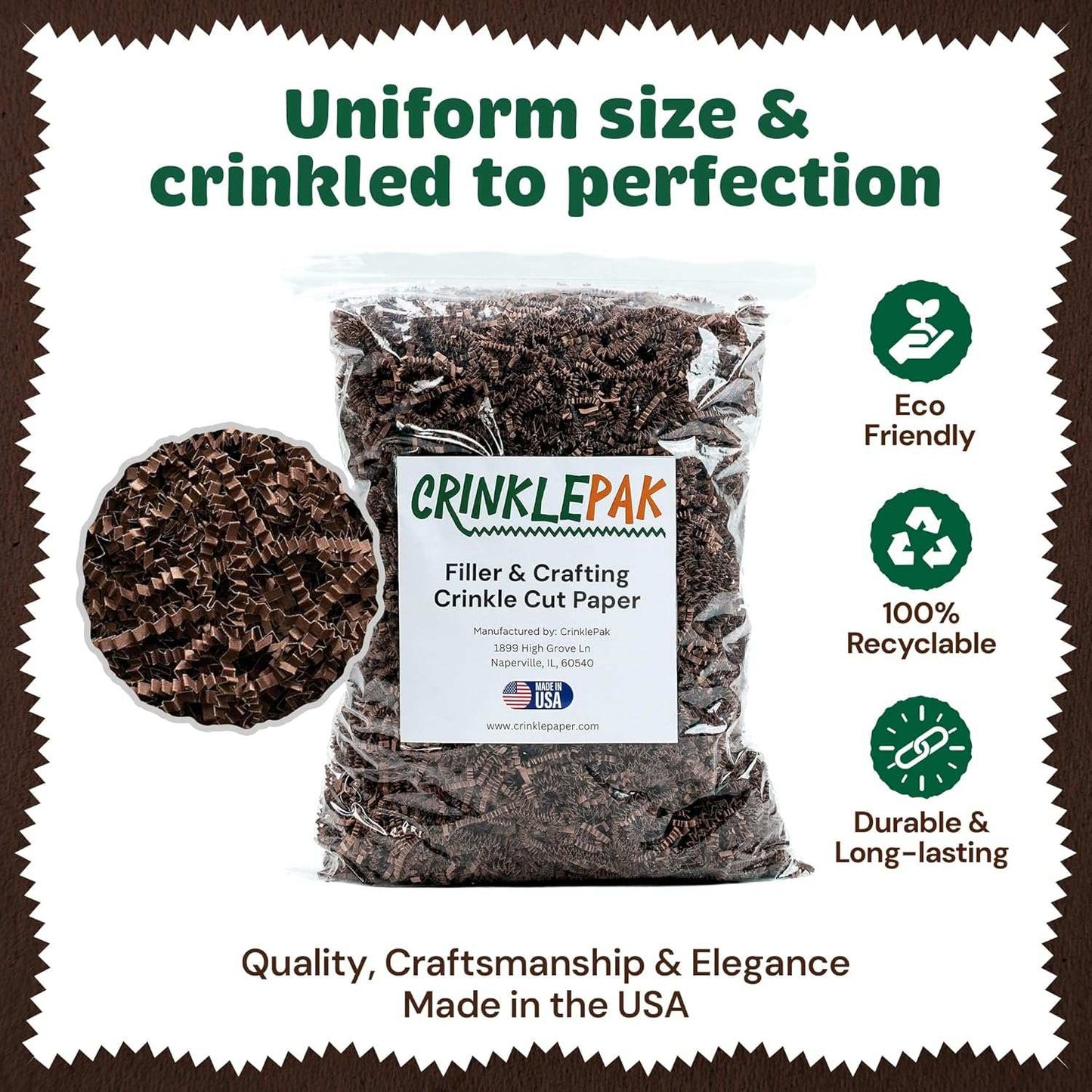 Chocolate Crinkle Cut Shred packaging filler paper in rich brown, eco-friendly and recyclable, perfect for gift presentation and protection.