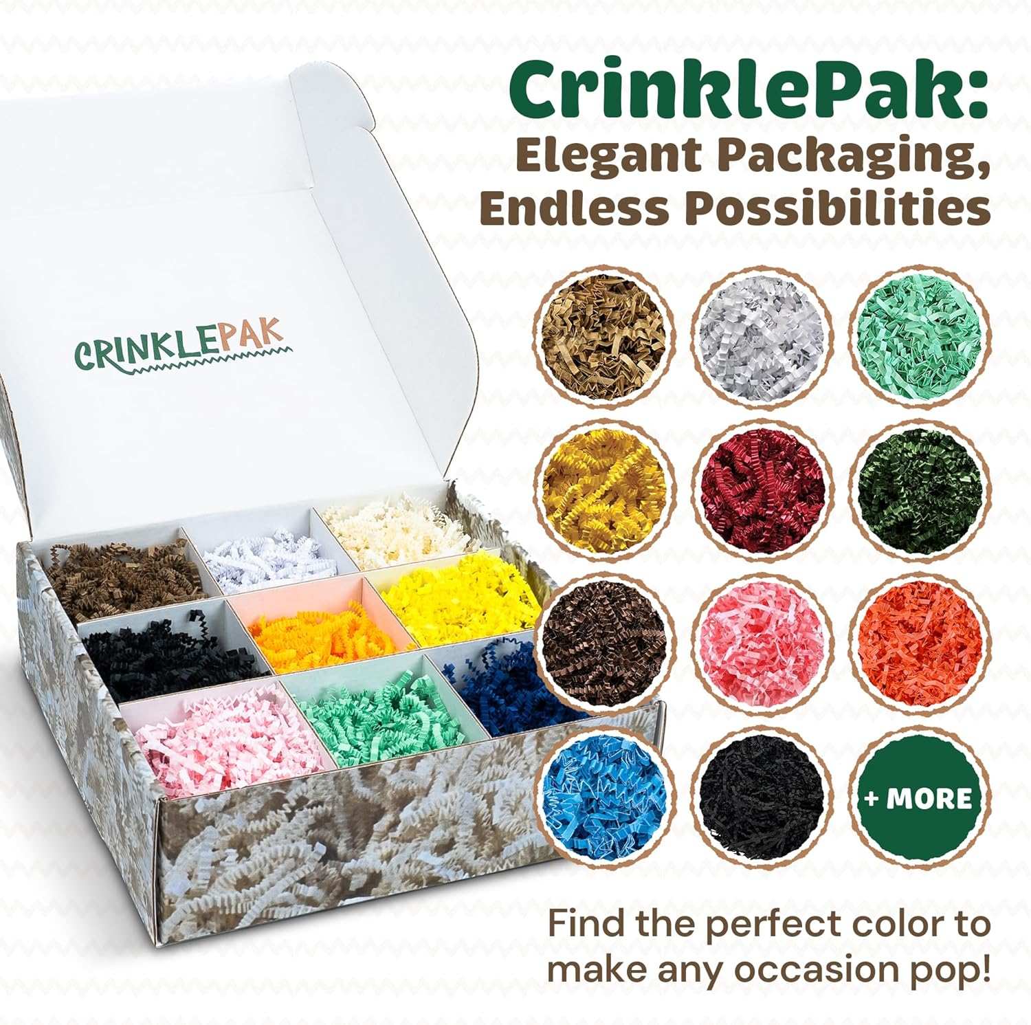 40 LB Black crinkle cut shred packaging material in an open box with multiple color options displayed for elegant and protective product presentation