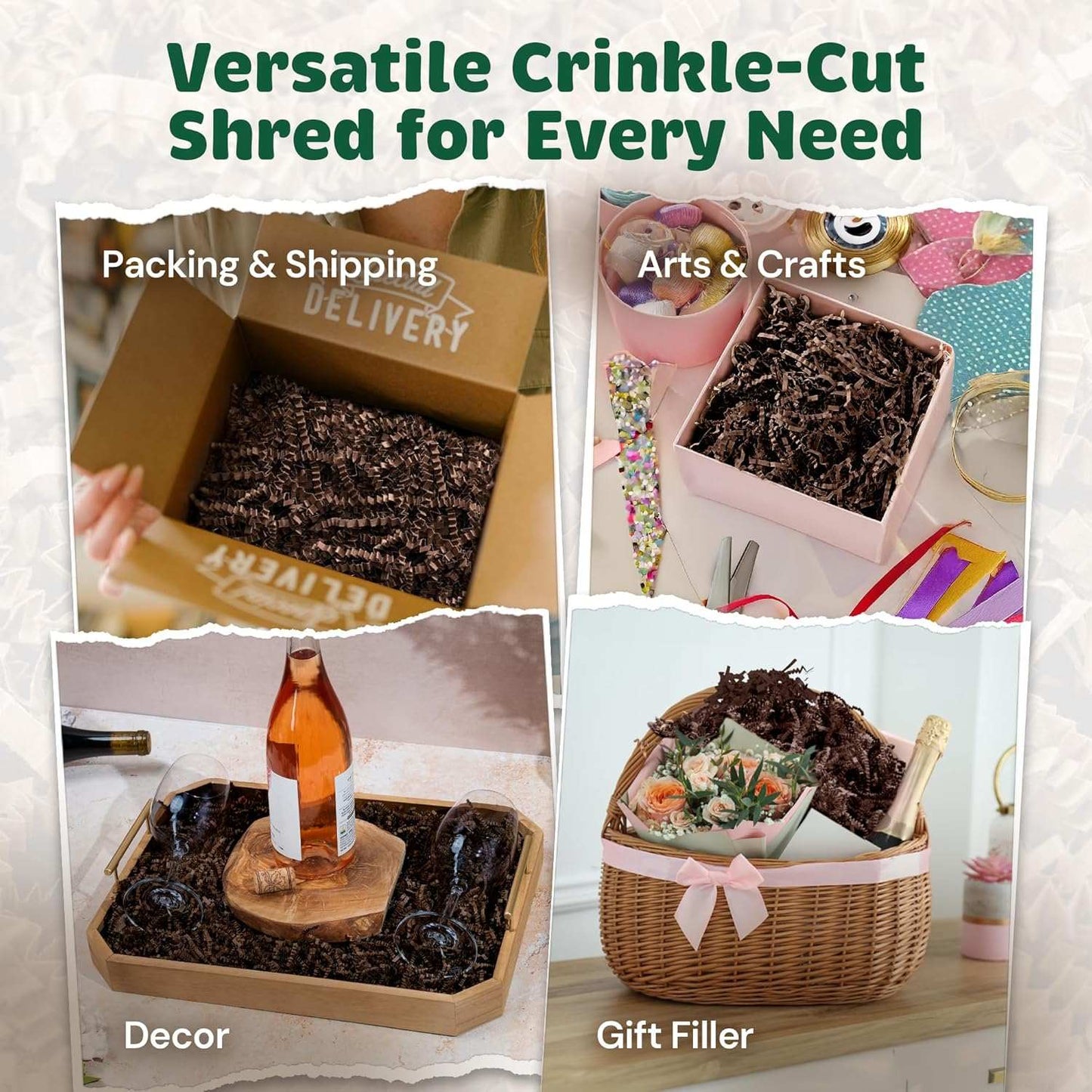 Chocolate Crinkle Cut Shred used for packing, arts and crafts, decor, and gift filling in various containers and baskets