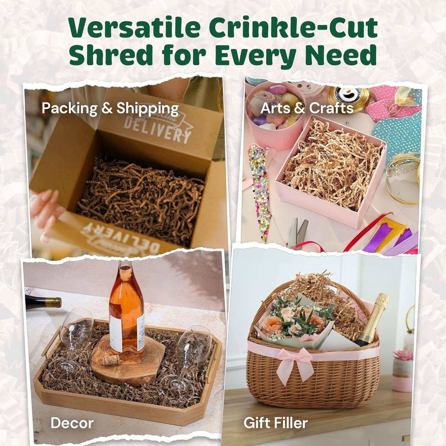 40 LB Kraft brown crinkle paper filler shredded for eco-friendly packaging, gift baskets, shipping, and crafts
