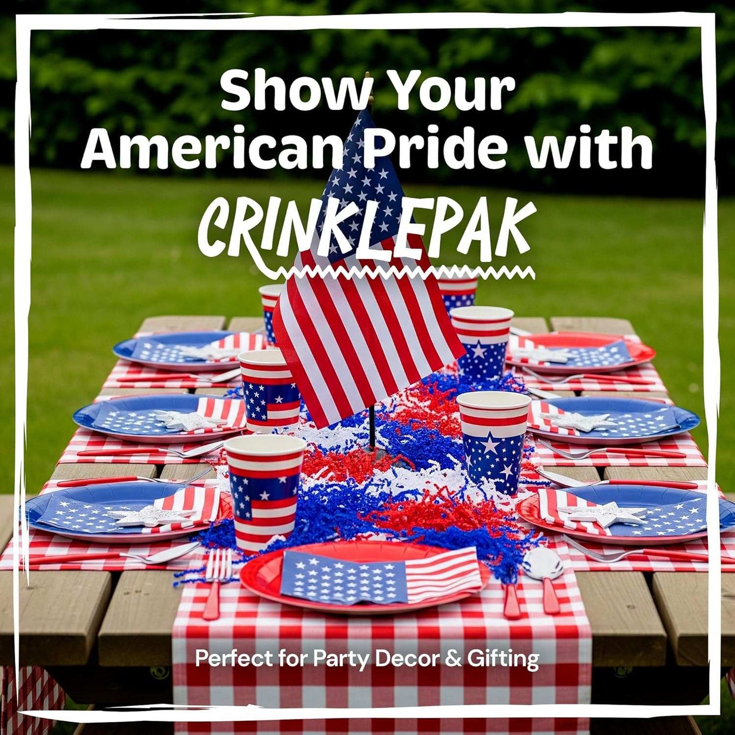 White crinkle paper used as patriotic red, white, and blue table decor and gift filler for American-themed party.