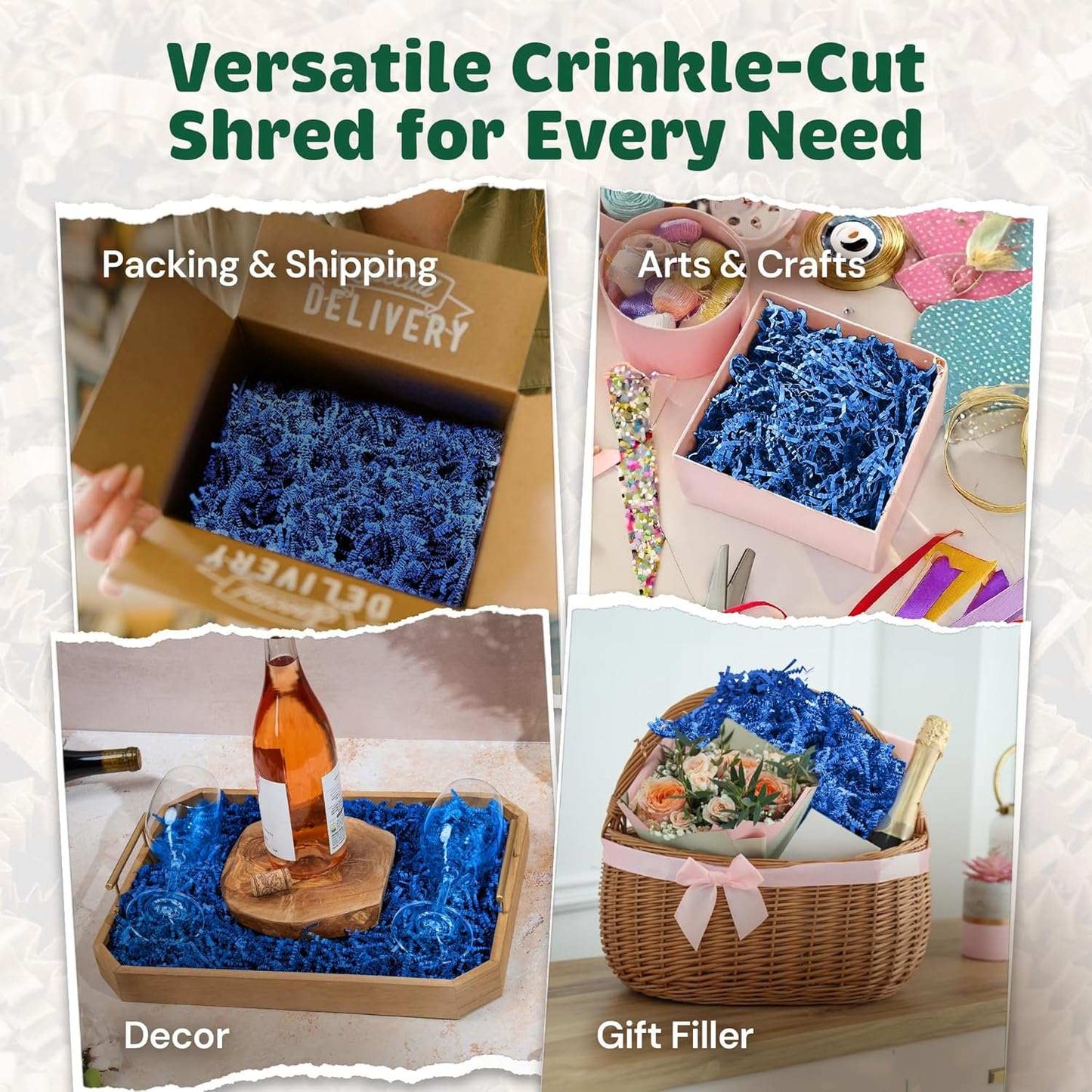 Blue 40 LB crinkle paper used as versatile shred for packing, arts and crafts, decor, and gift filler