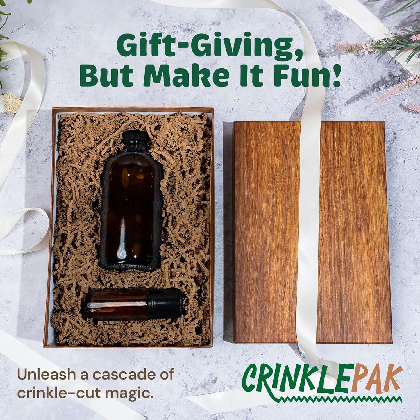 40 LB Kraft crinkle paper filler in gift box cushioning two bottles with rustic kraft brown shredded accordion cut packaging filler