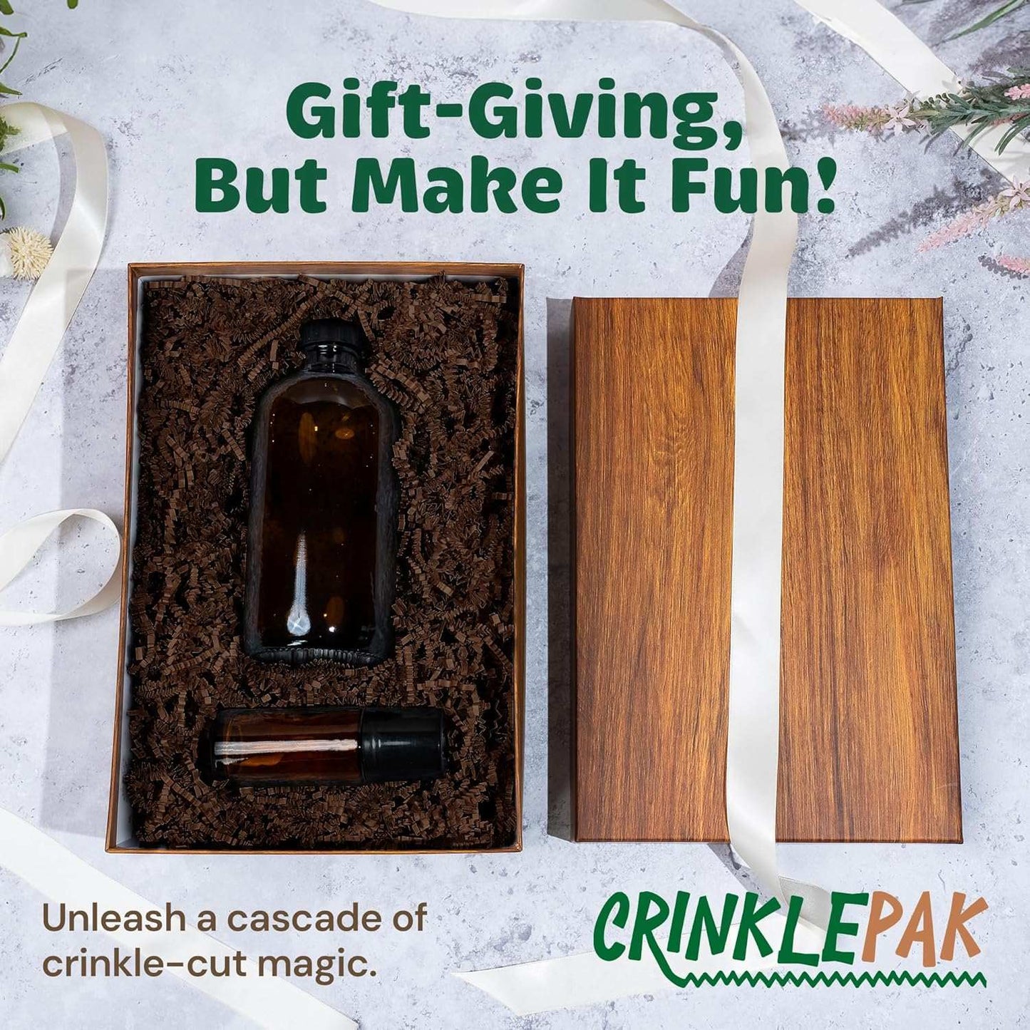 Chocolate Crinkle Cut Shred used as decorative shredded paper filler in a wooden gift box with dark glass bottles inside