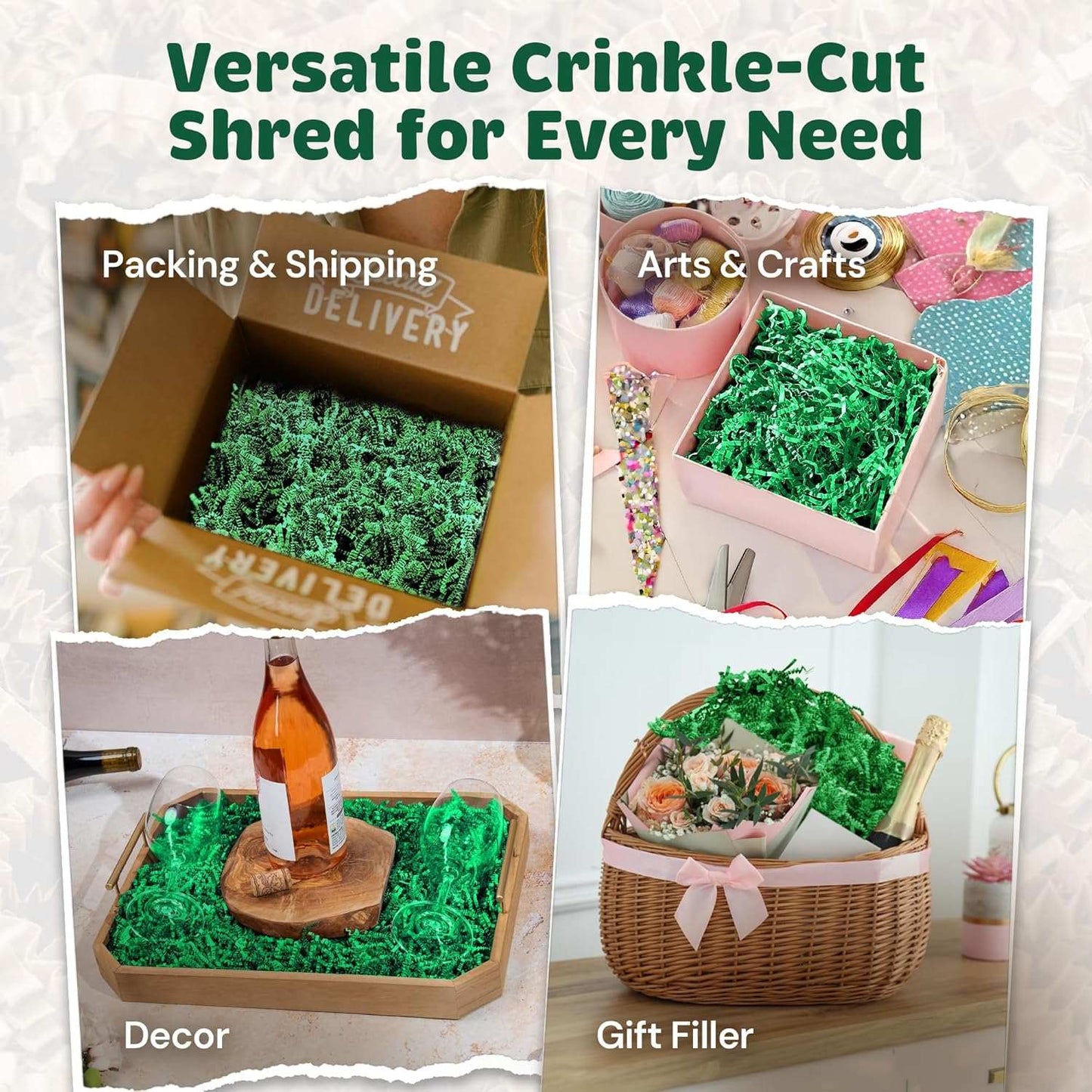 Green crinkle paper shred used for packing, arts and crafts, decor, and gift filler