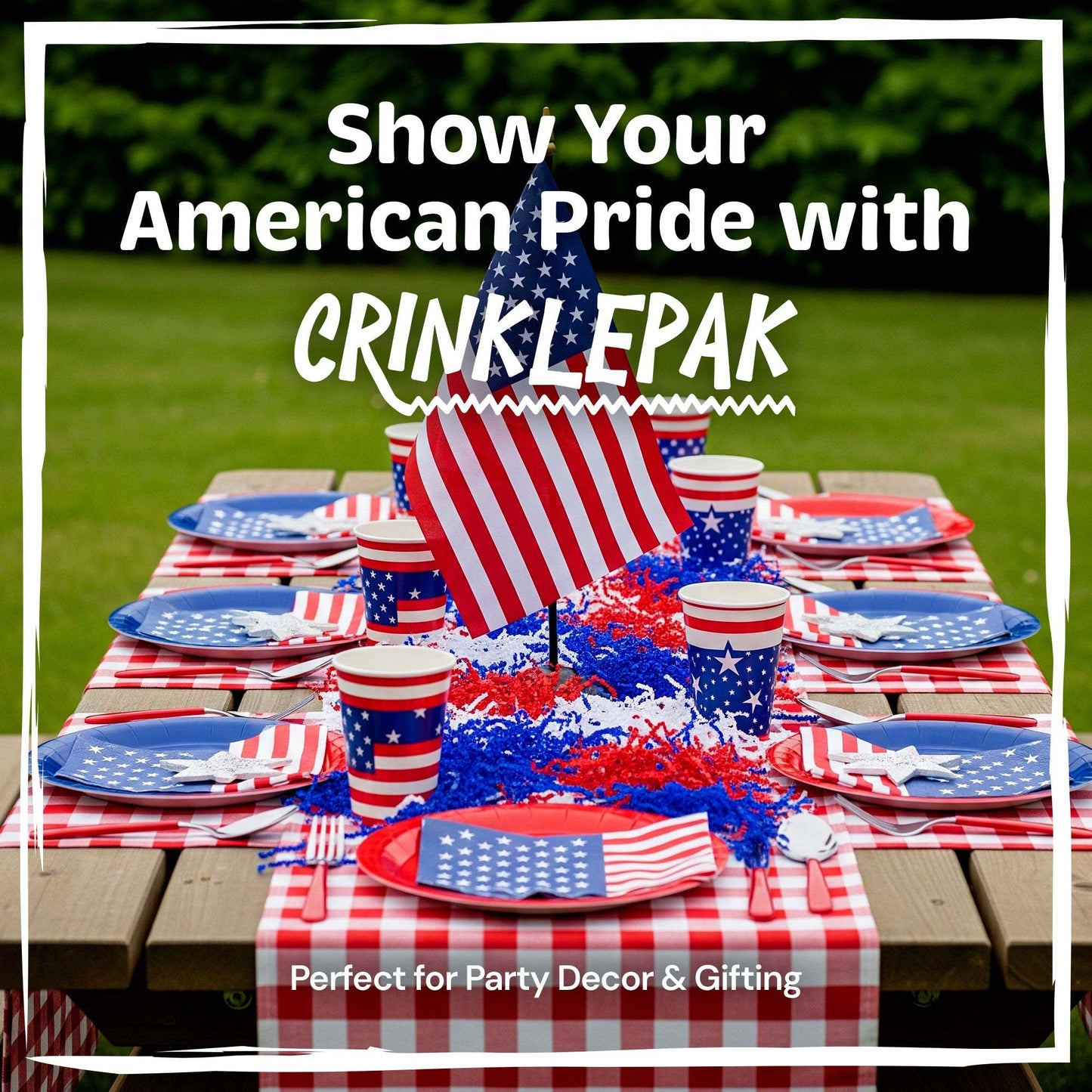 Red crinkle cut shred used as patriotic party table decor with American flag-themed plates and cups