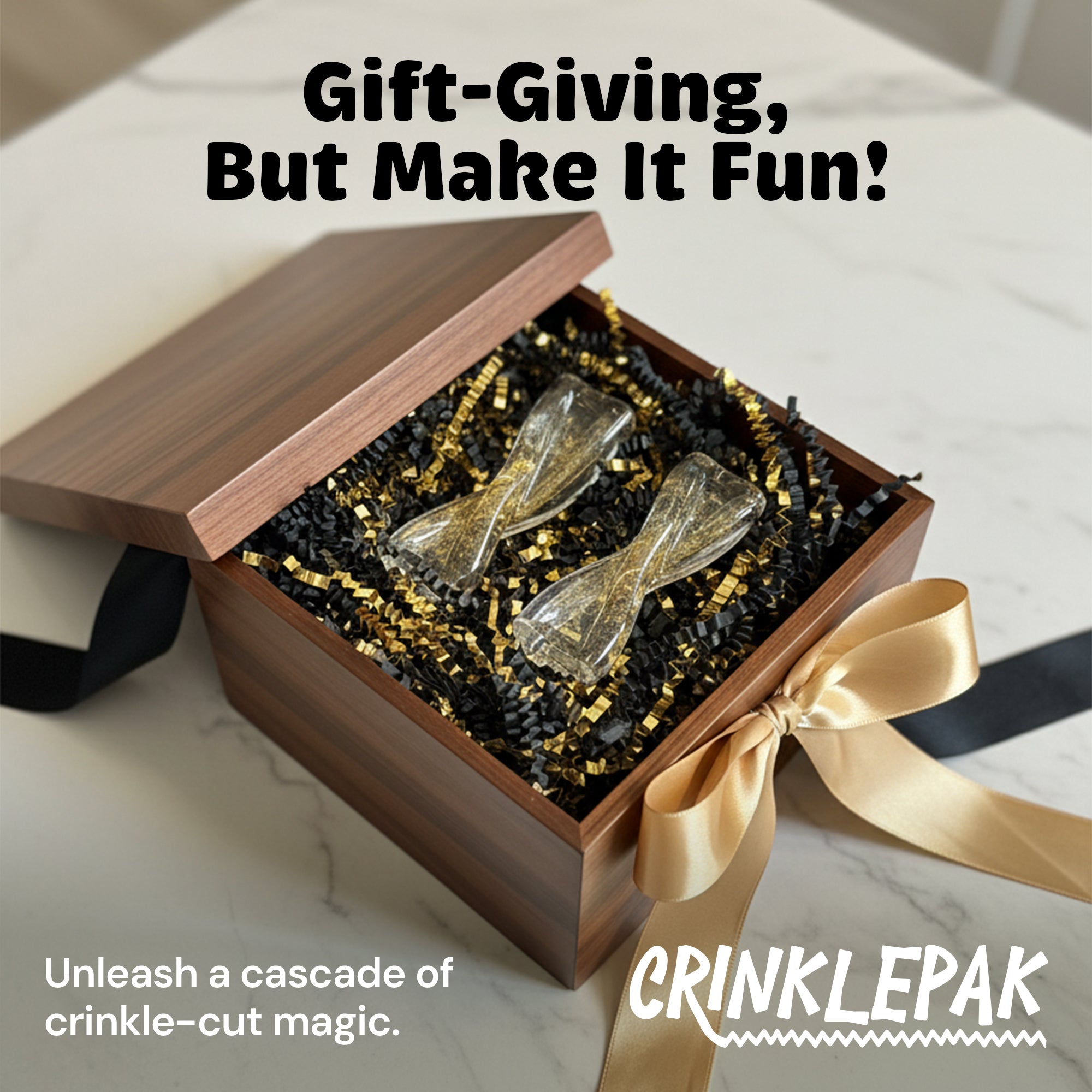 Wooden gift box with crinkle paper and a gold ribbon, featuring Crinklepak branding.