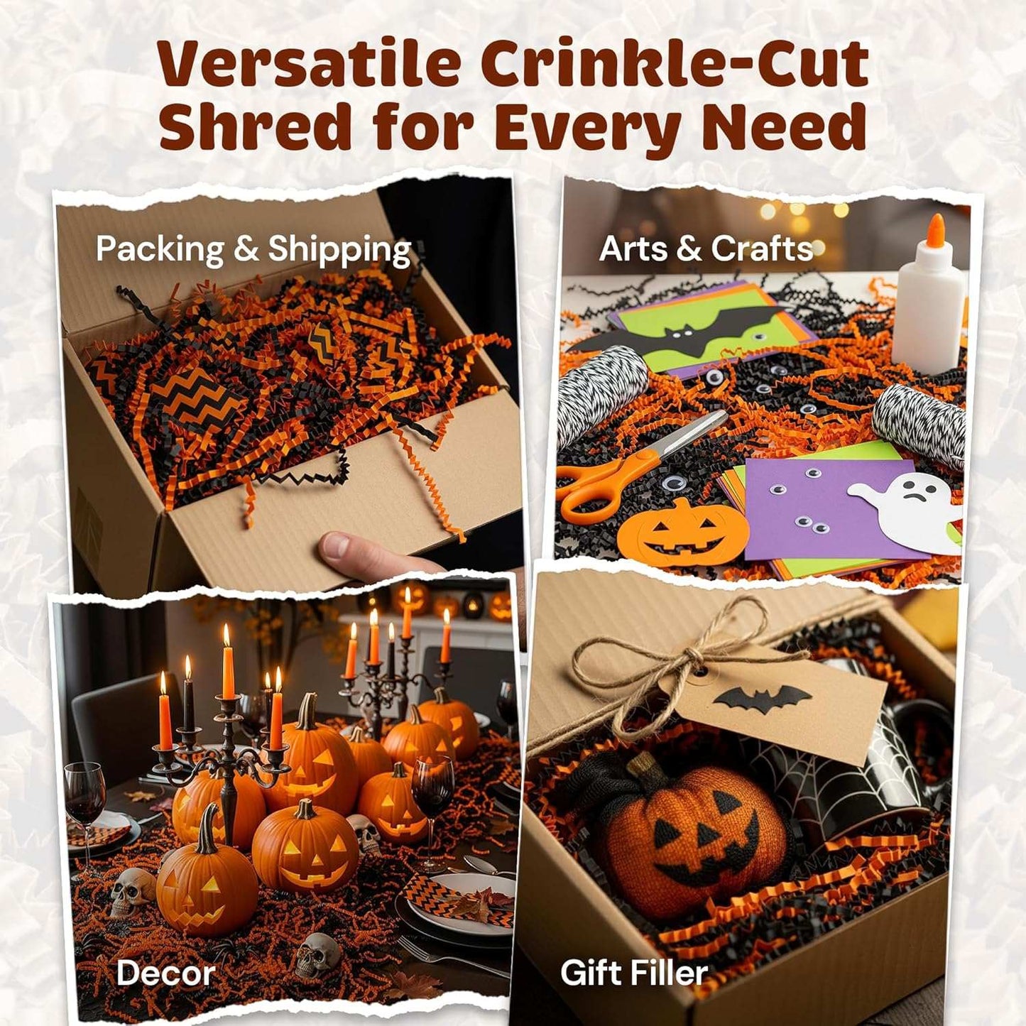 10 LB Halloween Crinkle Paper in black and orange for festive, eco-friendly packaging and cushioning