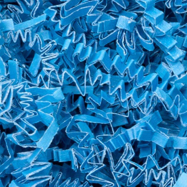 Light blue crinkle cut shred, 40 lbs, perfect for elegant packaging and cushioning.