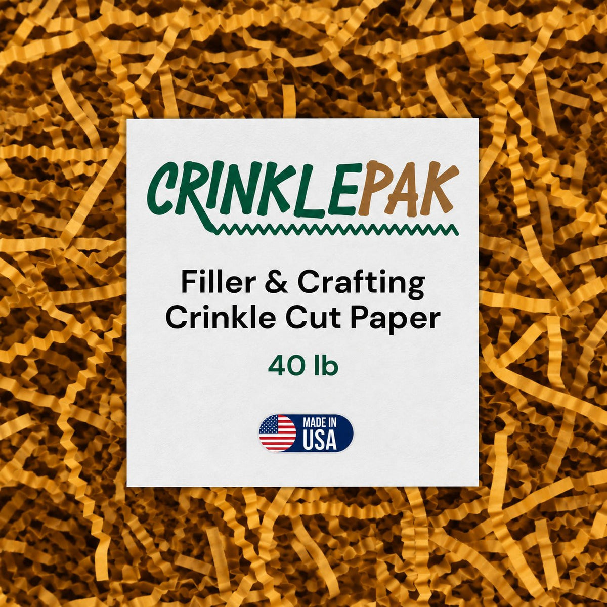 Cognac Crinkle Paper in warm brown crinkle-cut texture with a 40 lb label and Made in USA logo