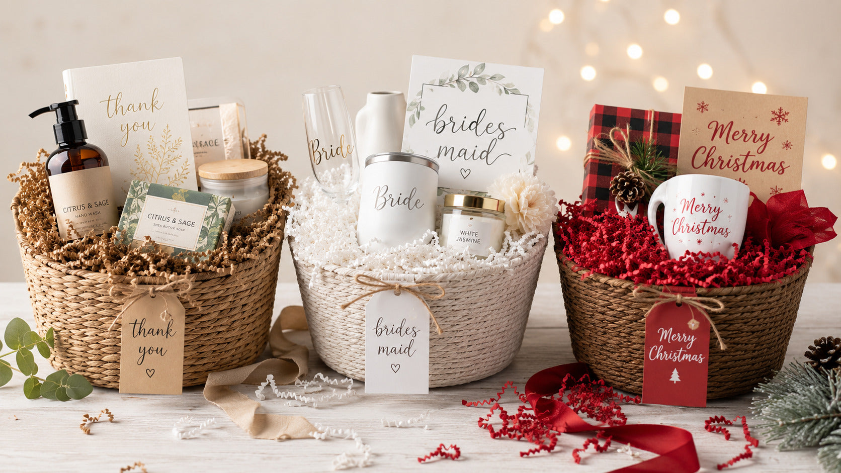 Three woven gift baskets arranged on a white surface with holiday decor and string lights in the background. The baskets contain coordinated bridal and Christmas gift items: a bottle and soap set, a bride-themed bath set, and a mug with a Christmas message, along with wrapped presents and red ribbon.