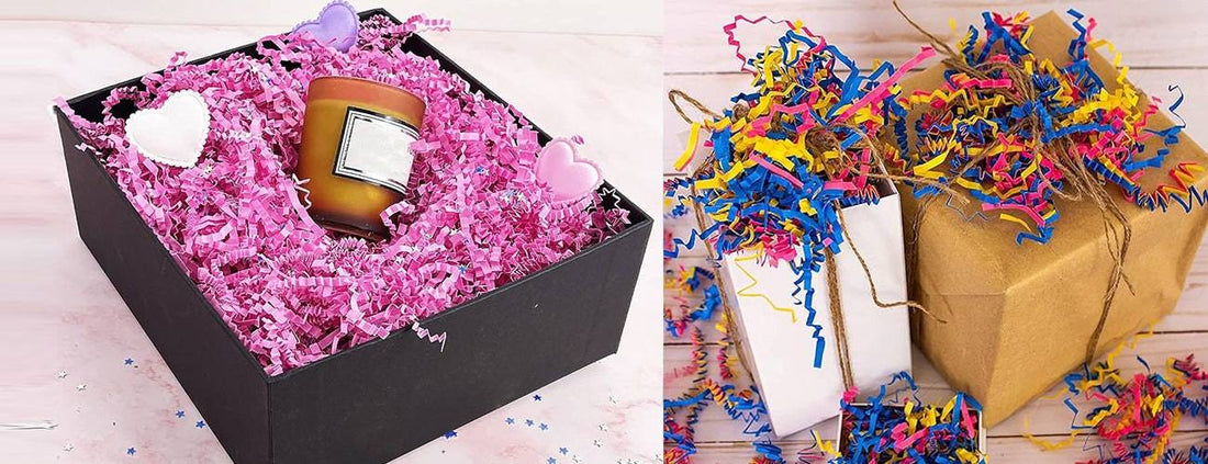 Colorful crinkle paper filler enhances the look of stunning gift baskets