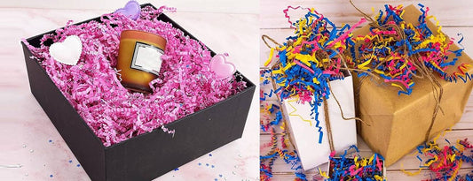 Colorful crinkle paper filler enhances the look of stunning gift baskets