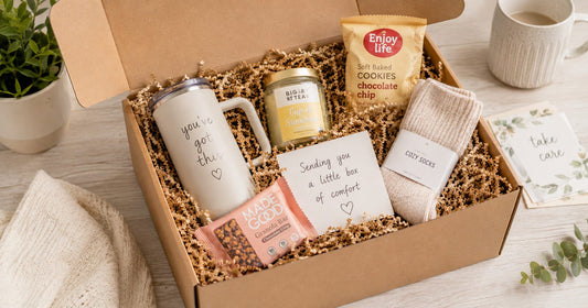 Care package ideas with crinkle paper cushioning and various comforting items