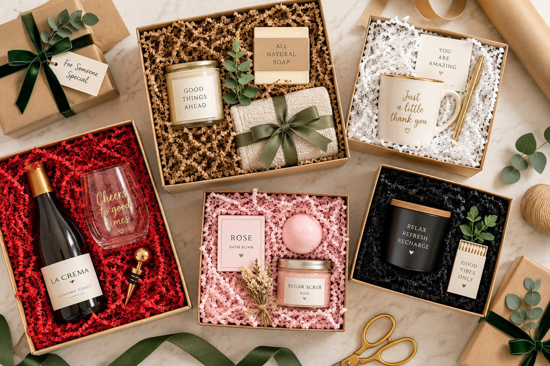 Creative gift-wrapping ideas using kraft paper, crinkle paper filler, and ribbons