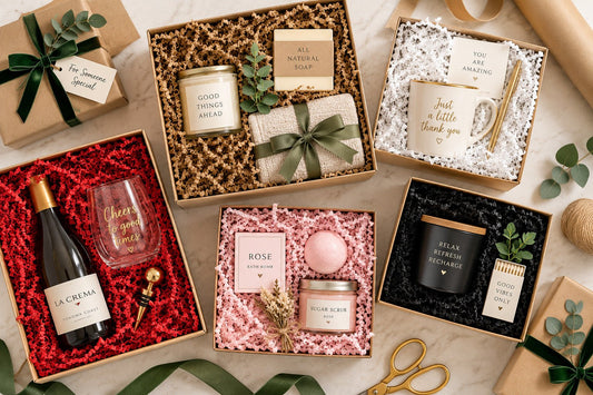 Creative gift-wrapping ideas using kraft paper, crinkle paper filler, and ribbons
