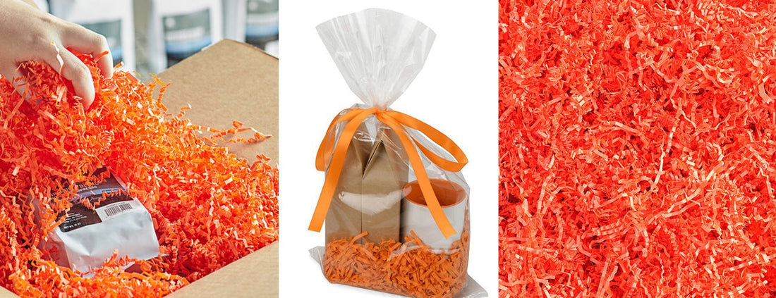 Orange crinkle cut paper shred showcasing versatility in packaging and decoration