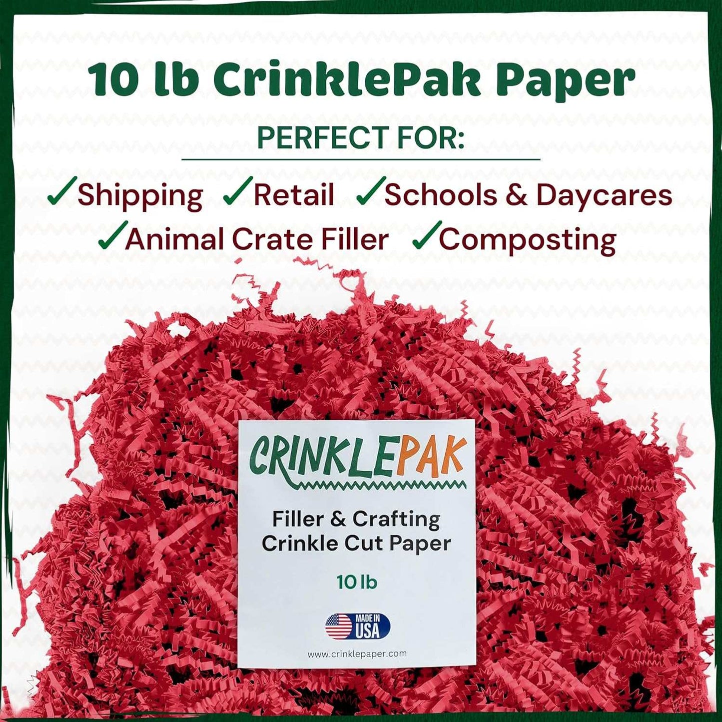10 lb box of red crinkle cut paper filler for shipping, retail, crafting, and composting.