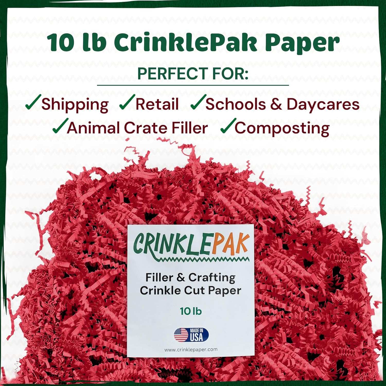 10 lb box of red crinkle cut paper filler for shipping, retail, crafting, and composting.