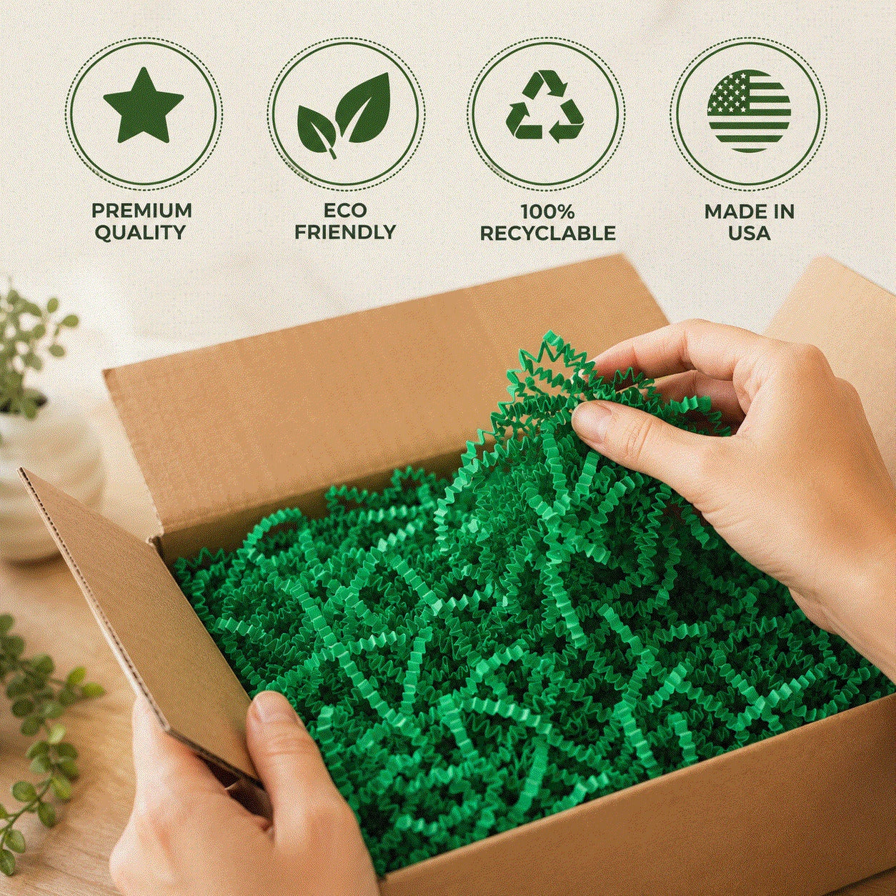 40 LB green crinkle paper shred for gift packaging and eco-friendly cushioning