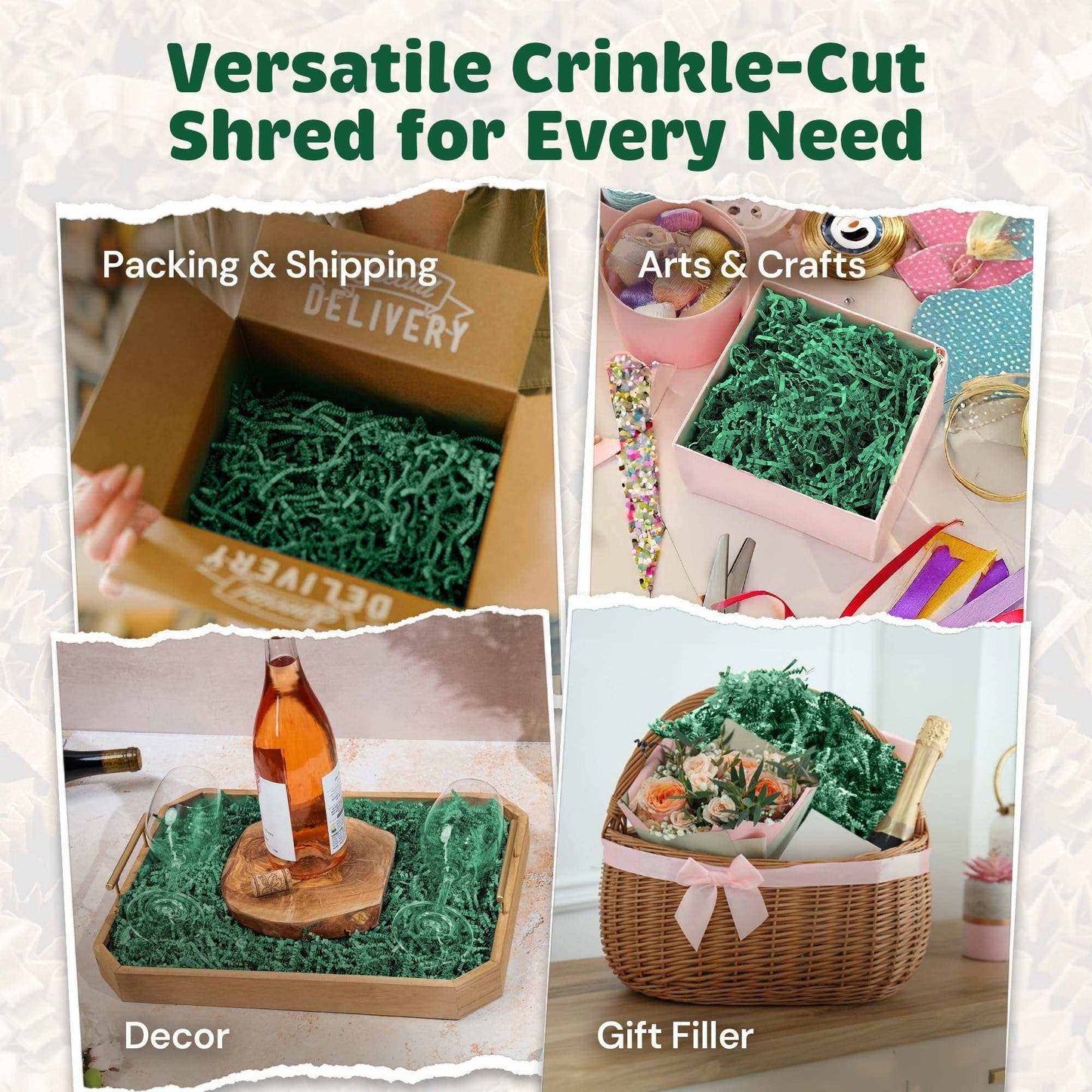 Light green crinkle paper shred for eco-friendly packaging and gift cushioning