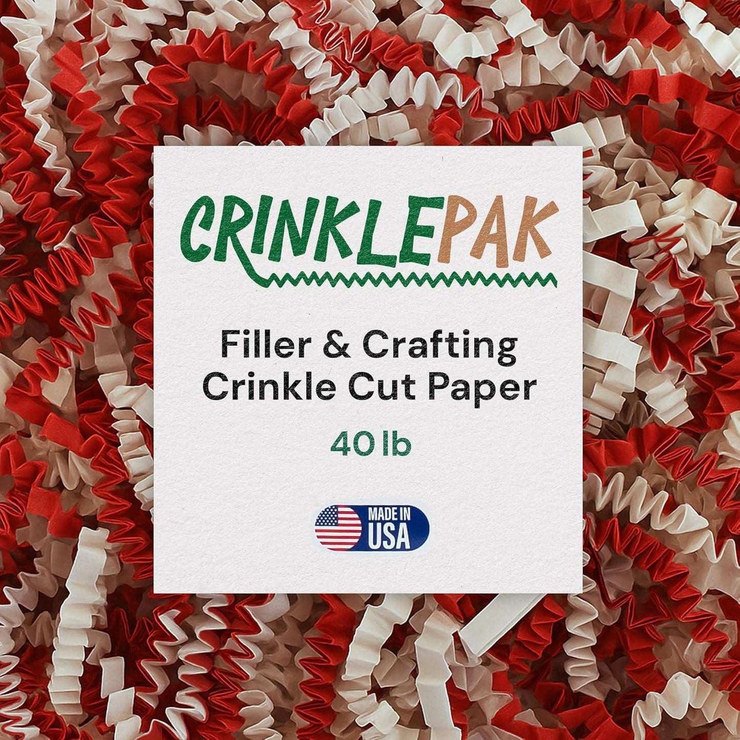 40 lb red and white candy cane crinkle cut paper basket filler for gift packaging and crafting, made in USA