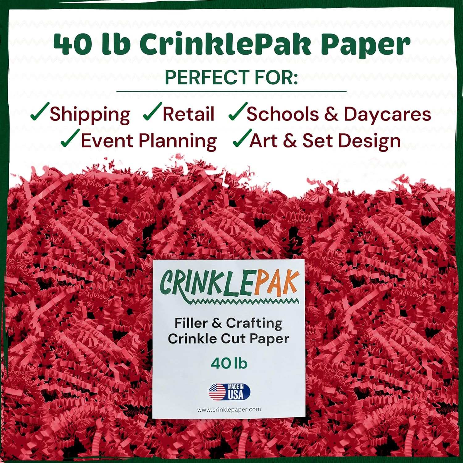 40 lb pack of red crinkle cut shred paper for packaging, crafting, and gift filling