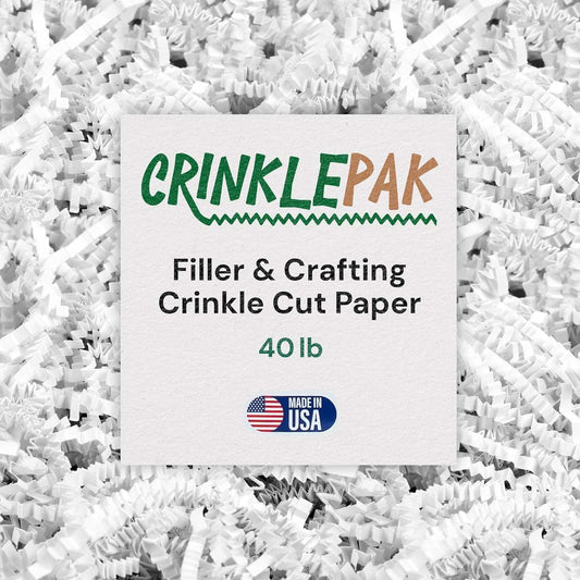 White 40 lb crinkle paper filler for gift baskets and packaging by CrinklePak, eco-friendly and made in the USA