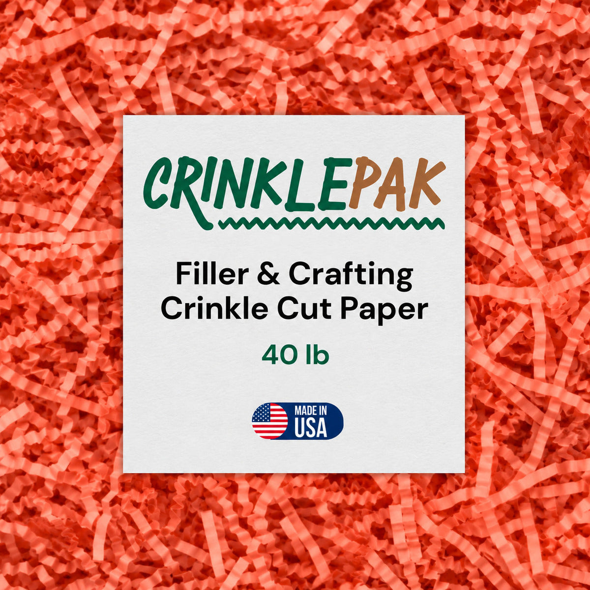 40 lb bulk Sunset Coral Crinkle Paper filler in vibrant coral shade made from recyclable, crinkle-cut paper strands