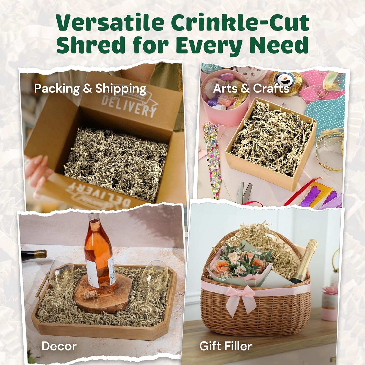 Ivory crinkle paper shredded filler used for packing, arts and crafts, decor, and gift baskets.