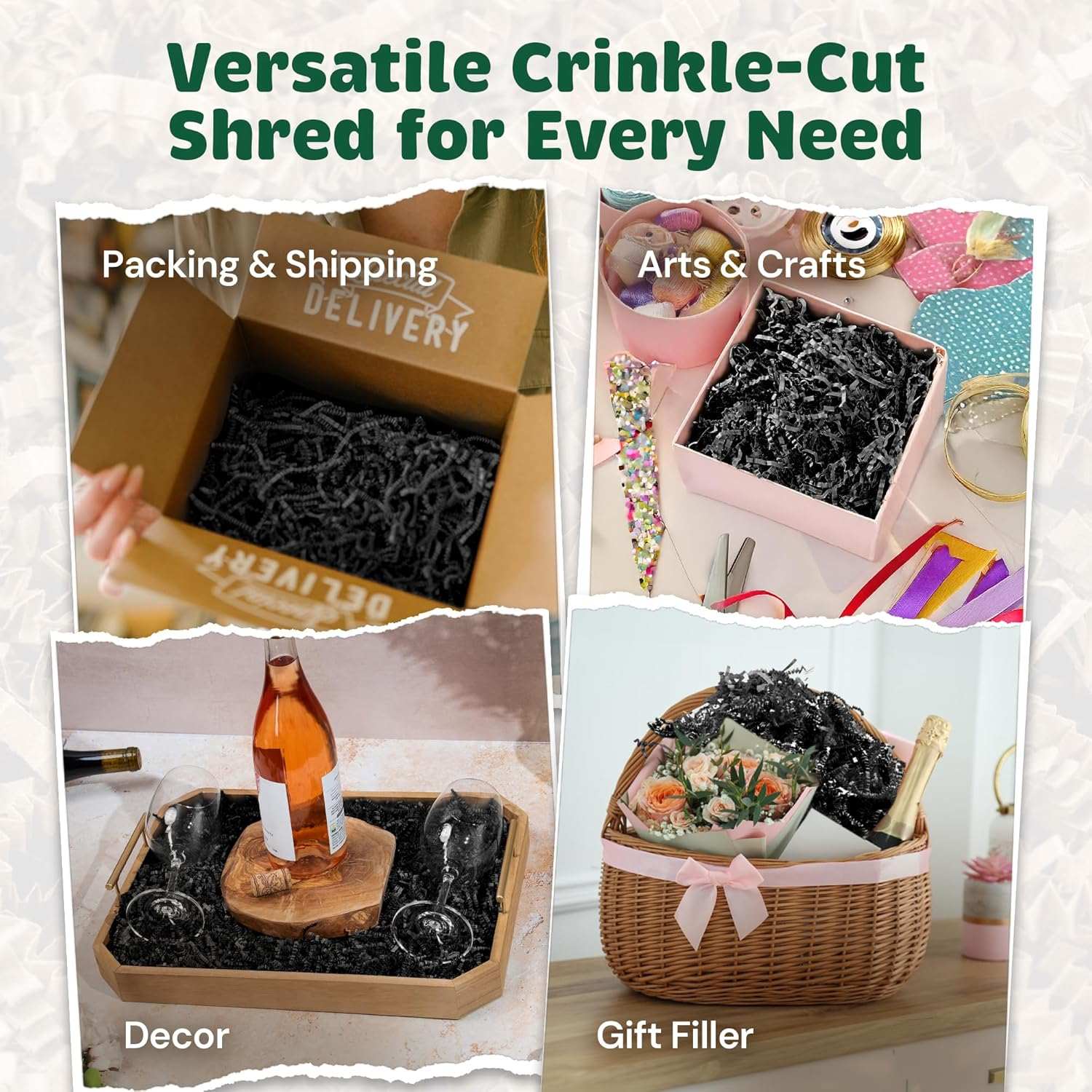 10 LB black crinkle cut shred for packing, arts and crafts, decor, and gift filling