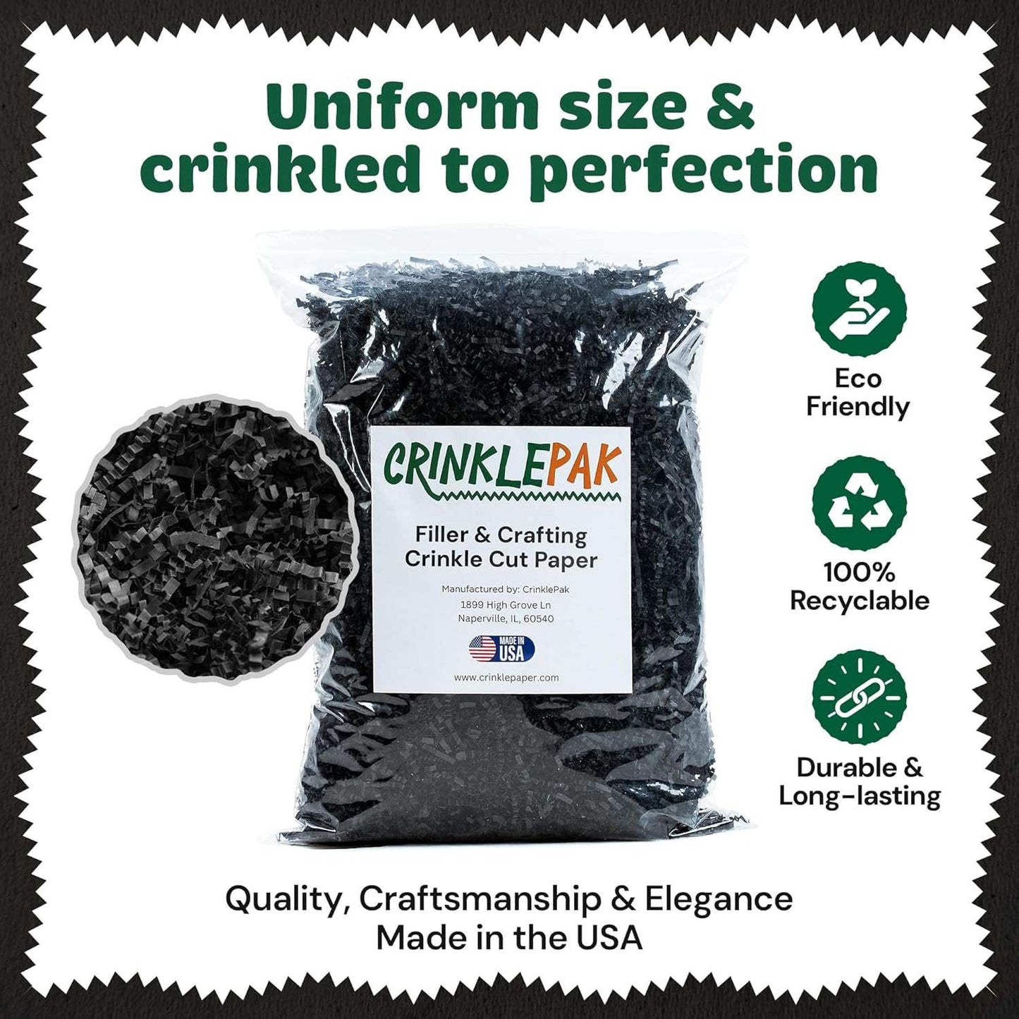 40 LB Black Crinkle Cut Shred packaging filler in eco-friendly, recyclable, and durable material by CrinklePak