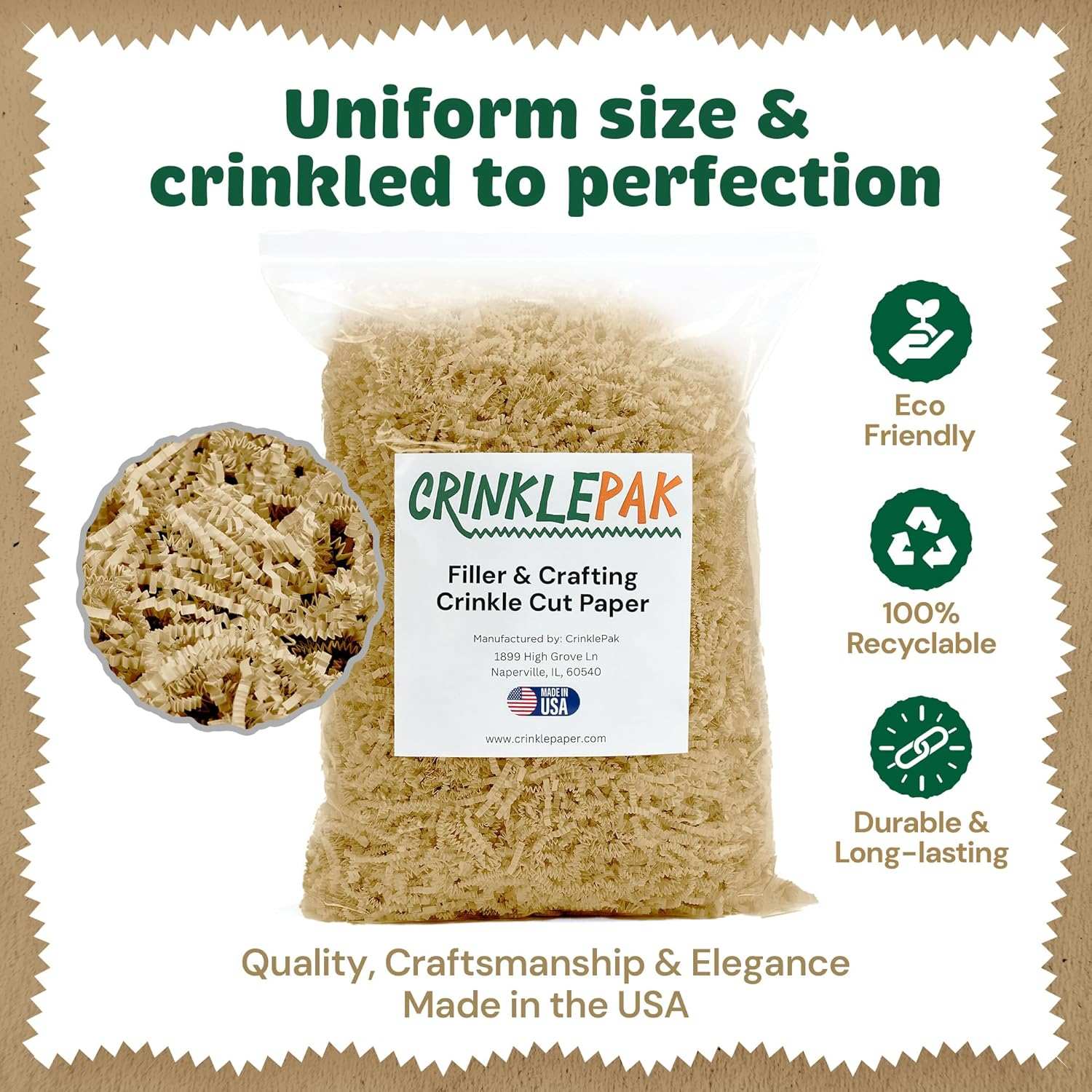 10 LB ivory crinkle paper for packaging filler, eco-friendly, recyclable, durable, made in USA