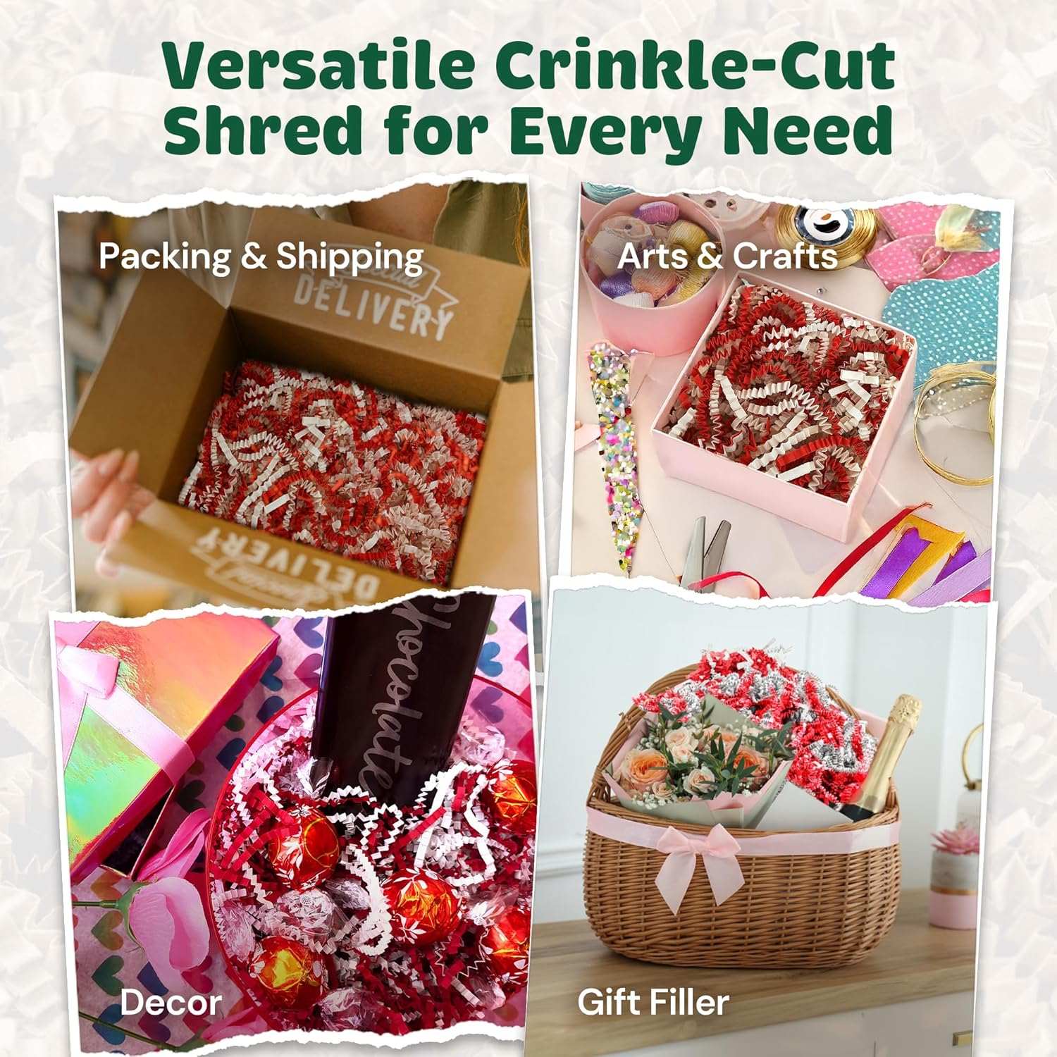 Red and white candy cane crinkle cut paper used as versatile shredded filler for packing, arts and crafts, decor, and gift baskets